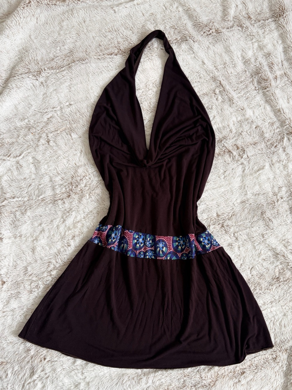Rare Vintage Y2K Slinky Brown Halter Mini Dress Low Back Fairy Grunge Going Out